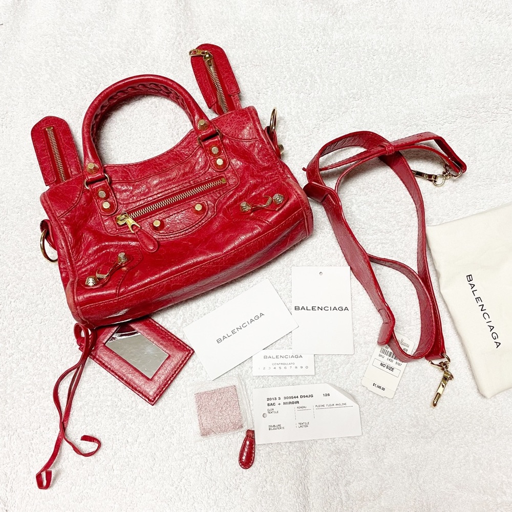 AUTH Balenciaga Mini City Bag in Red/Gold Hardware